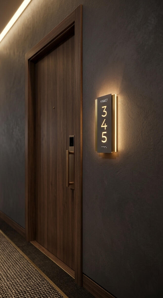 Contemporary hotel room sign featuring logo and ADA compliant Braille LED hotel room number display with ADA compliant Braille and logo